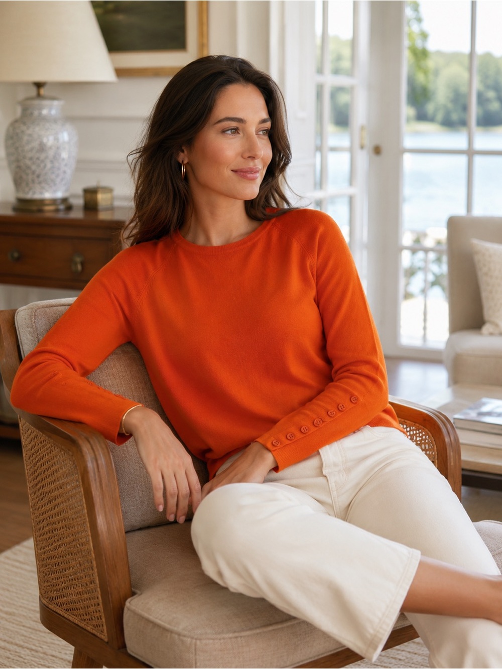 J McLaughlin Modal Cotton Crew Sweater Orange Button Detail Size Medium